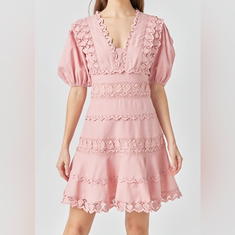 Endless Rose Pink Plunging Lace Dress Size L Large Puff Sleeves NWT